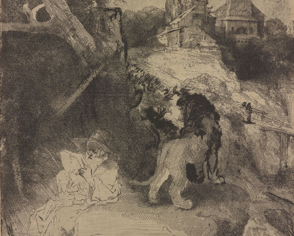 Rembrandt van Rijn. St. Jerome Reading in an Italian Landscape, ca. 1653. Etching and drypoint, printed on Japanese paper, 259 x 210 mm. Purchased by J. Pierpont Morgan in 1905.