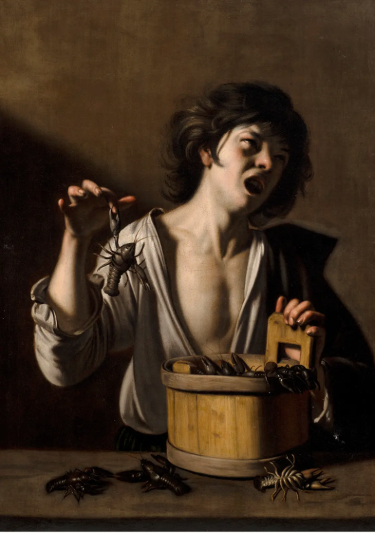 PENSIONANTE DEL SARACENI 'A boy being bitten by a freshwater crayfish' Oil on canvas, 112.2 x 78.8 cm 44 1/8 x 31 in.