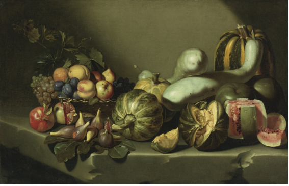 Caravaggio (?), Still life with fruit on a stone ledge, 1602 (?)