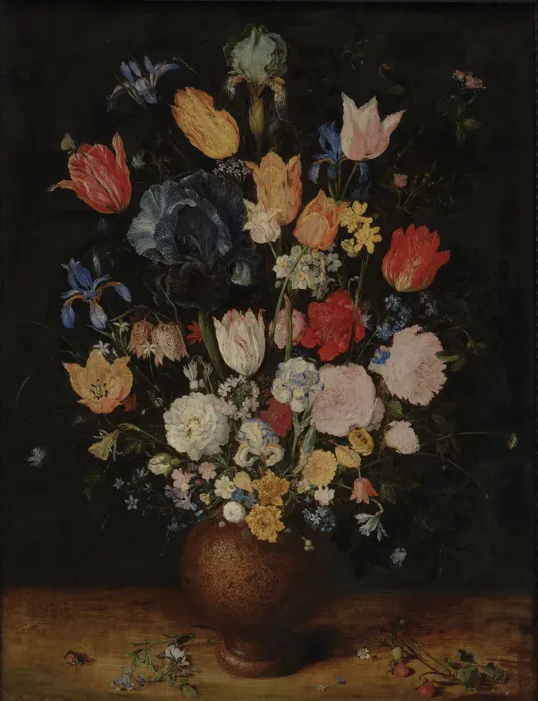 JAN BRUEGHEL THE ELDER
STILL LIFE OF FLOWERS IN A STONEWARE VASE c. 1607–1608
Oil on panel 67 × 51 cm / 26 × 20 ⅛ in
89.5 × 75 × 4.5 cm / 35 ¼ × 29 ½ × 1 ¾ in (framed)